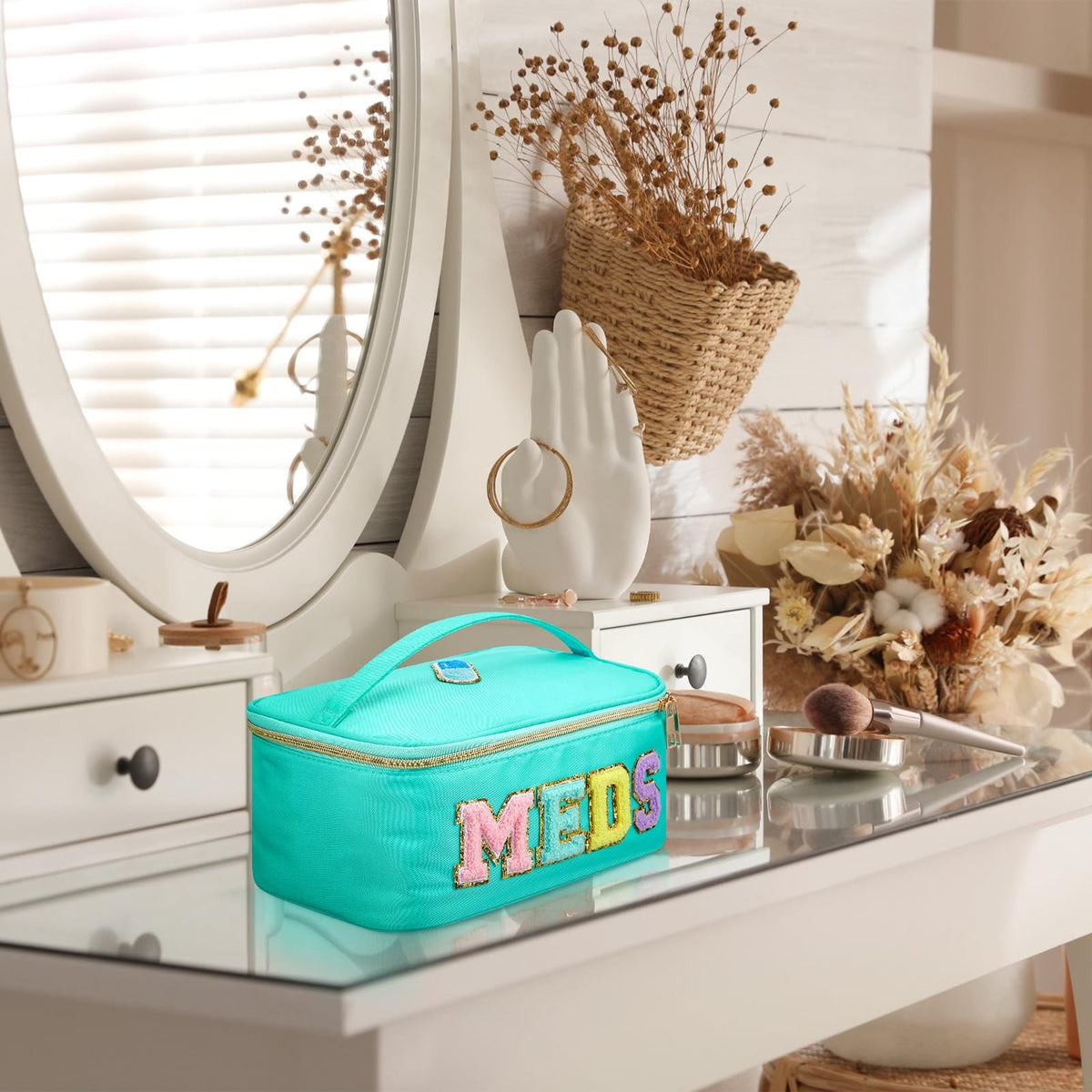 Clear Makeup and Travel Bag with Chenille Letter Patches - Green