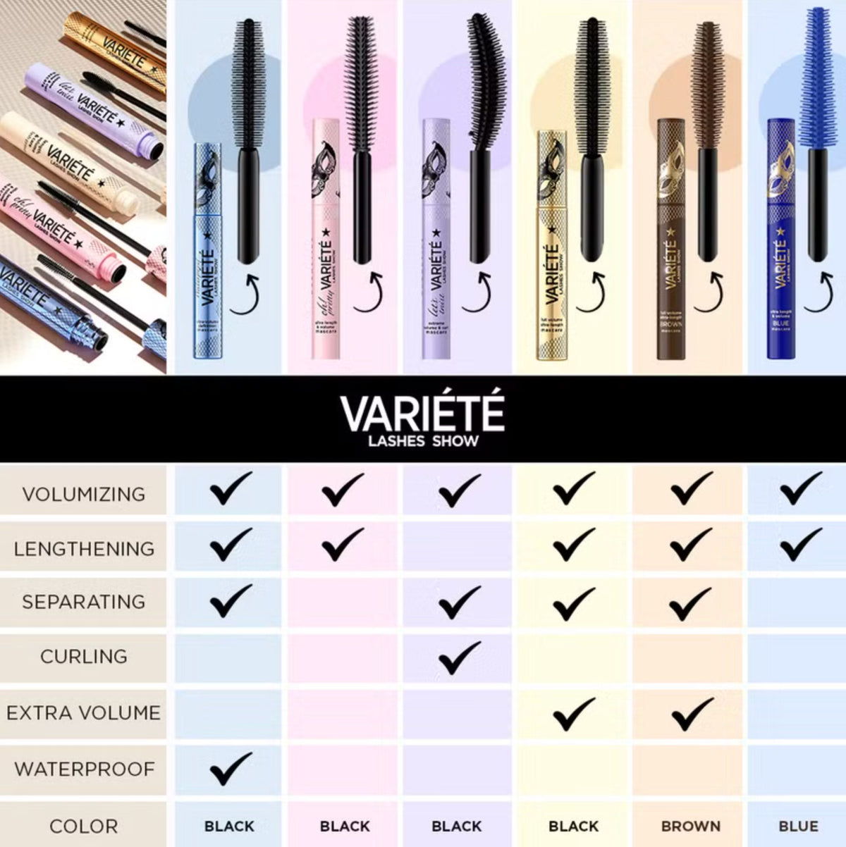 Eveline Cosmetics Variete Brown Lengthening & Thickening Mascara - Long-Lasting, Flake-Free