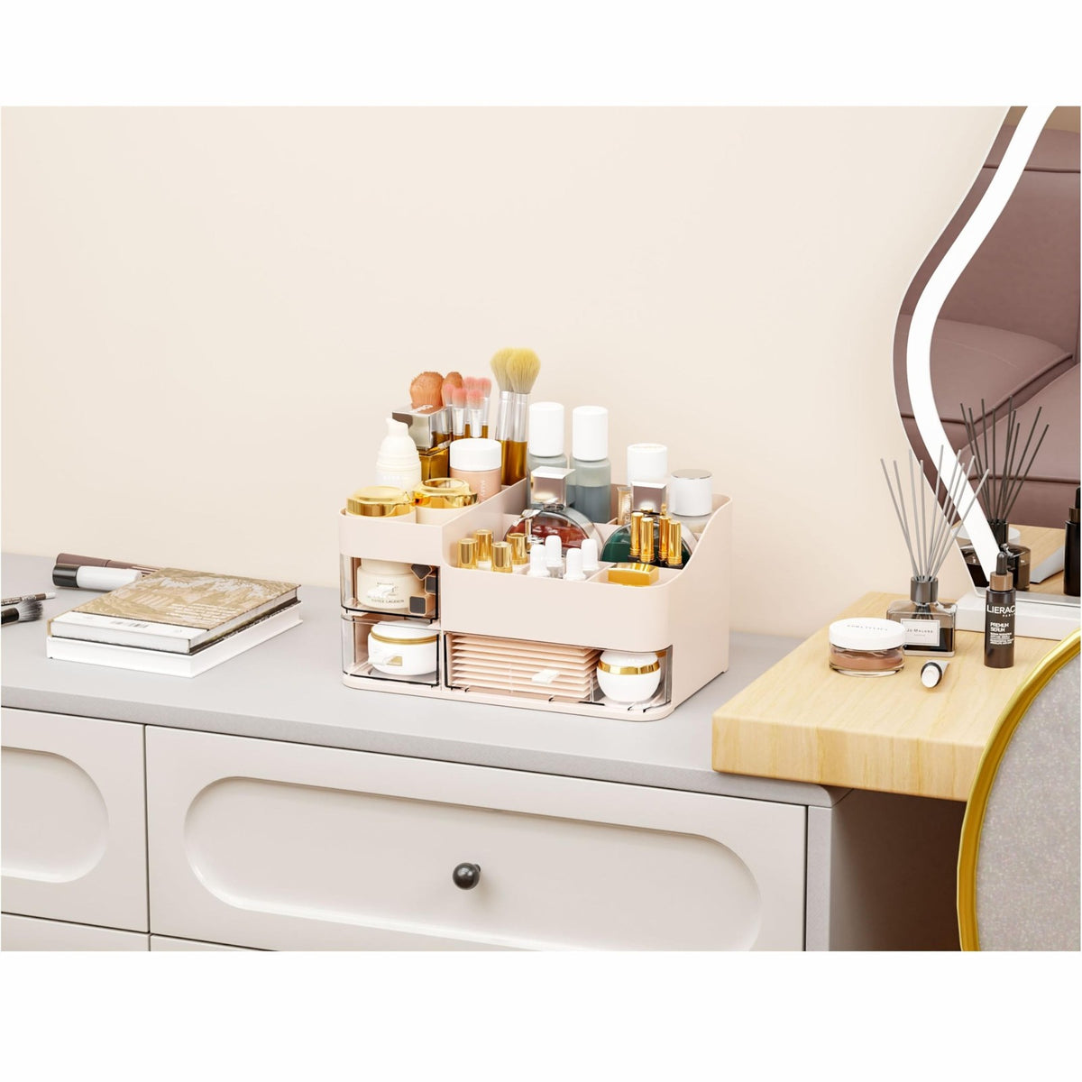 Pink Makeup Organizer with 3 Drawers - Large Vanity Storage for Skincare & Cosmetics