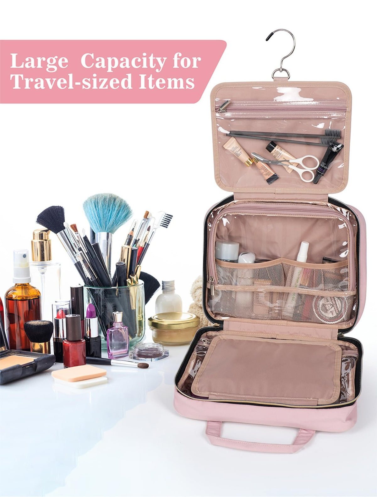 Large Waterproof Travel Toiletry Bag for Women with Hanging Hook Pink Makeup Organizer