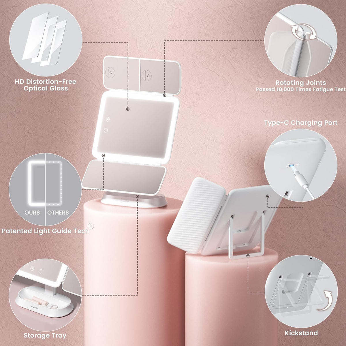 Rechargeable Lighted Makeup Mirror with 7X/5X/1X Magnification and Portable Trifold Design