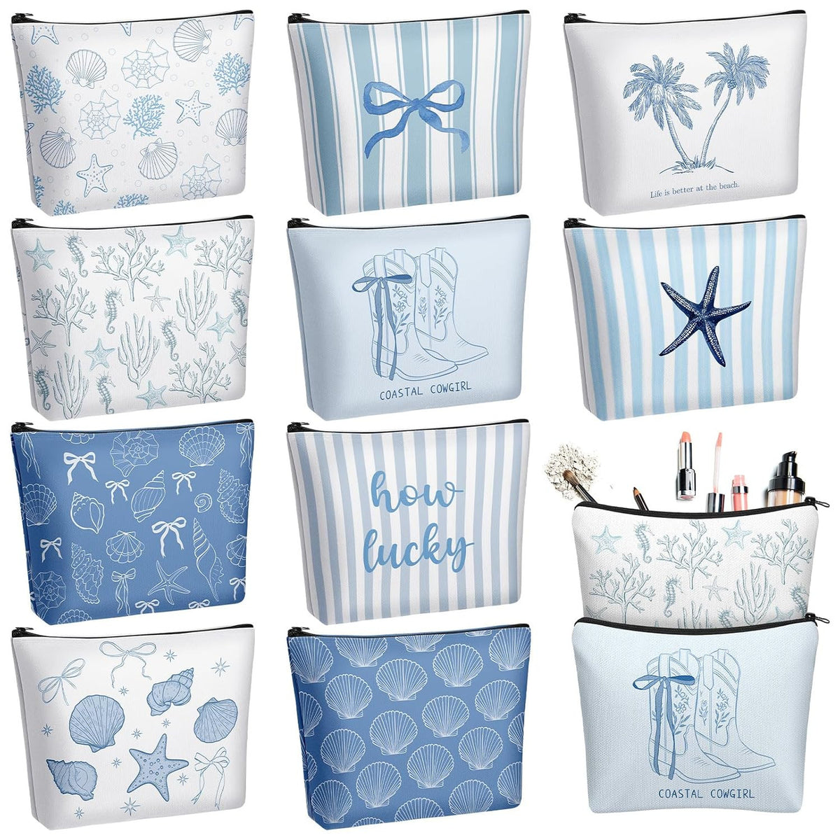 Set of 10 Ocean-Themed Makeup Bags for Cosmetics – Zipper Pouch Gift Set