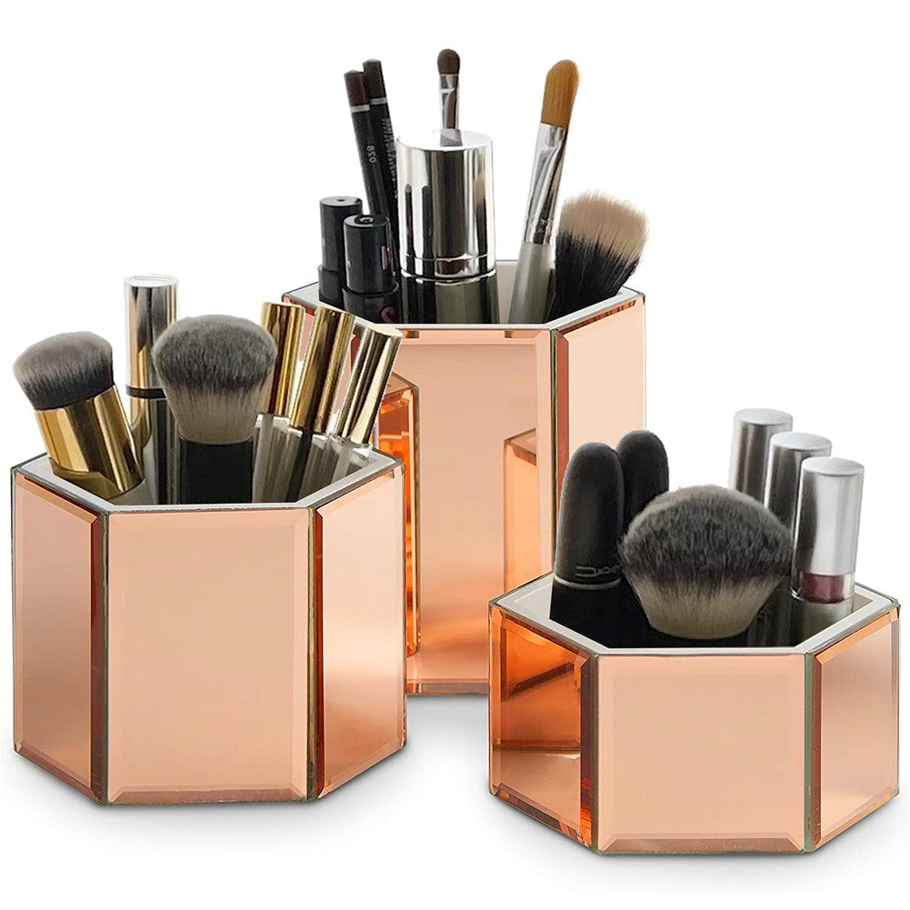 Set of 3 Hexagon Mirrored Storage Trays for Cosmetics Jewelry and Office Organization