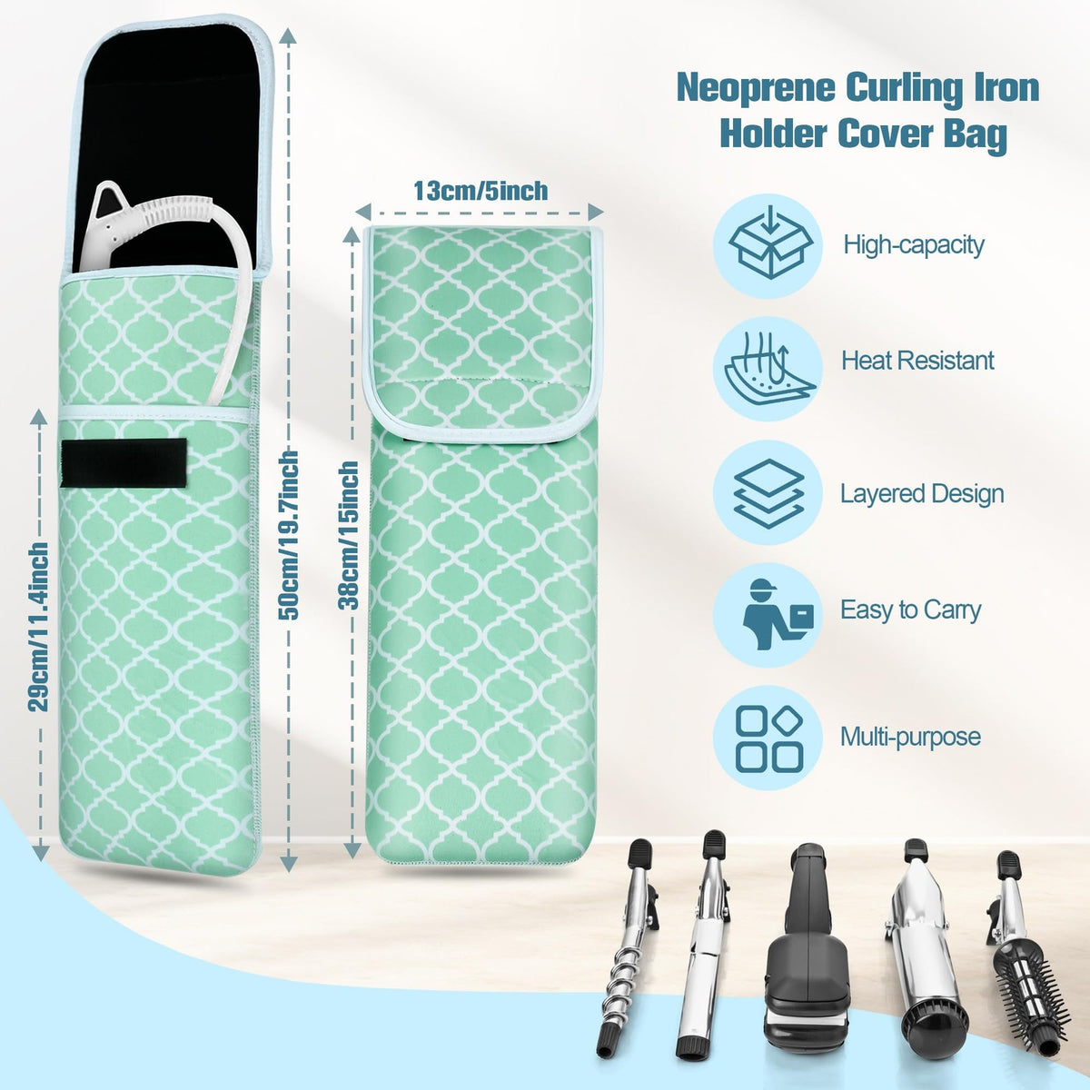 Heat Resistant Neoprene Curling Iron and Flat Iron Holder with Storage Pocket
