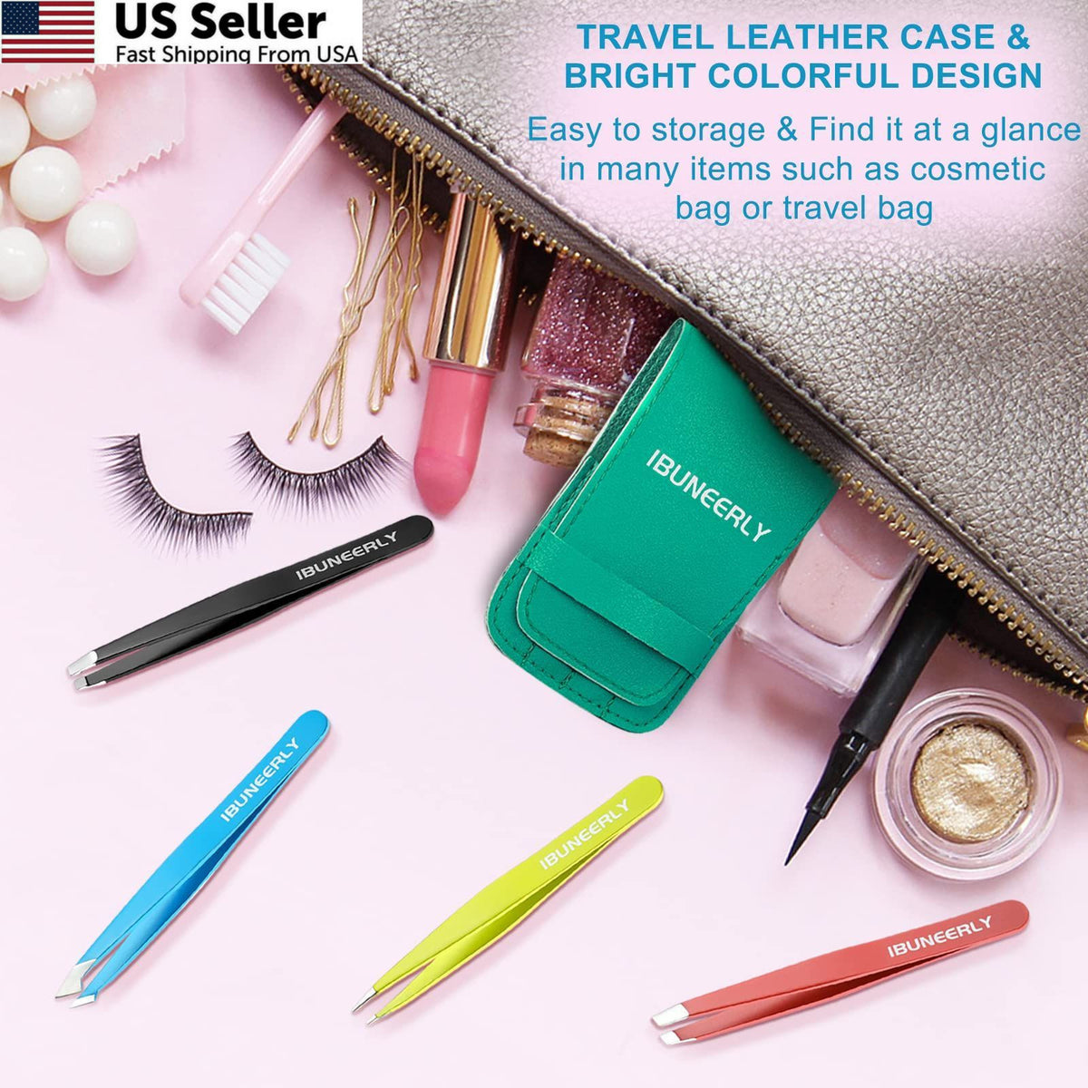 Stainless Steel Eyebrow Tweezers Set with Multi-Color Handles - 4 Pieces