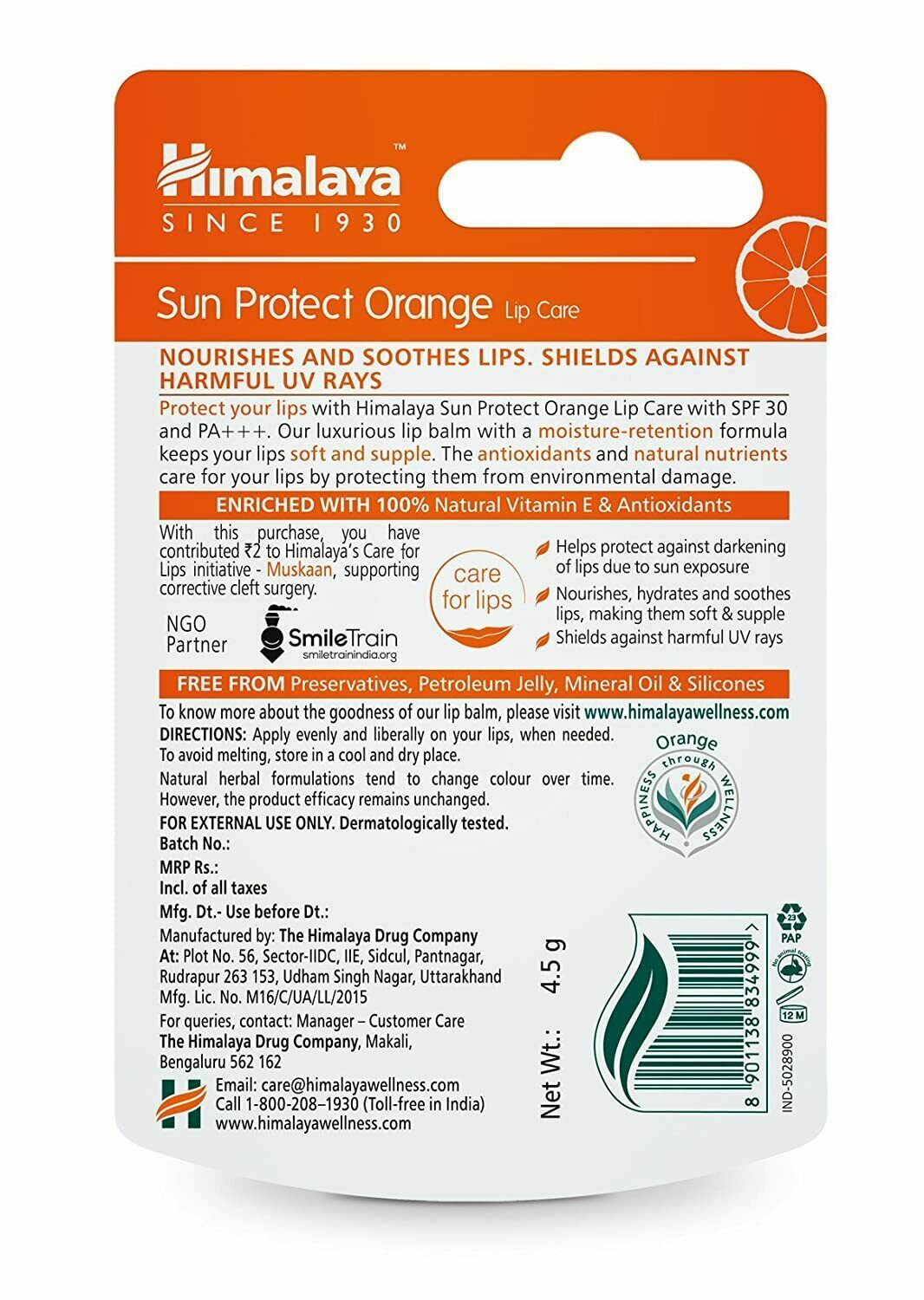 Himalaya Sun Protect Orange Lip Balm SPF 30 PA+++ - 4.5g x 2
