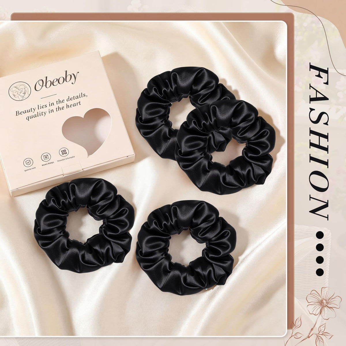 100% Mulberry Silk Scrunchies for Work, 4 1 Count (Pack of 4), Black