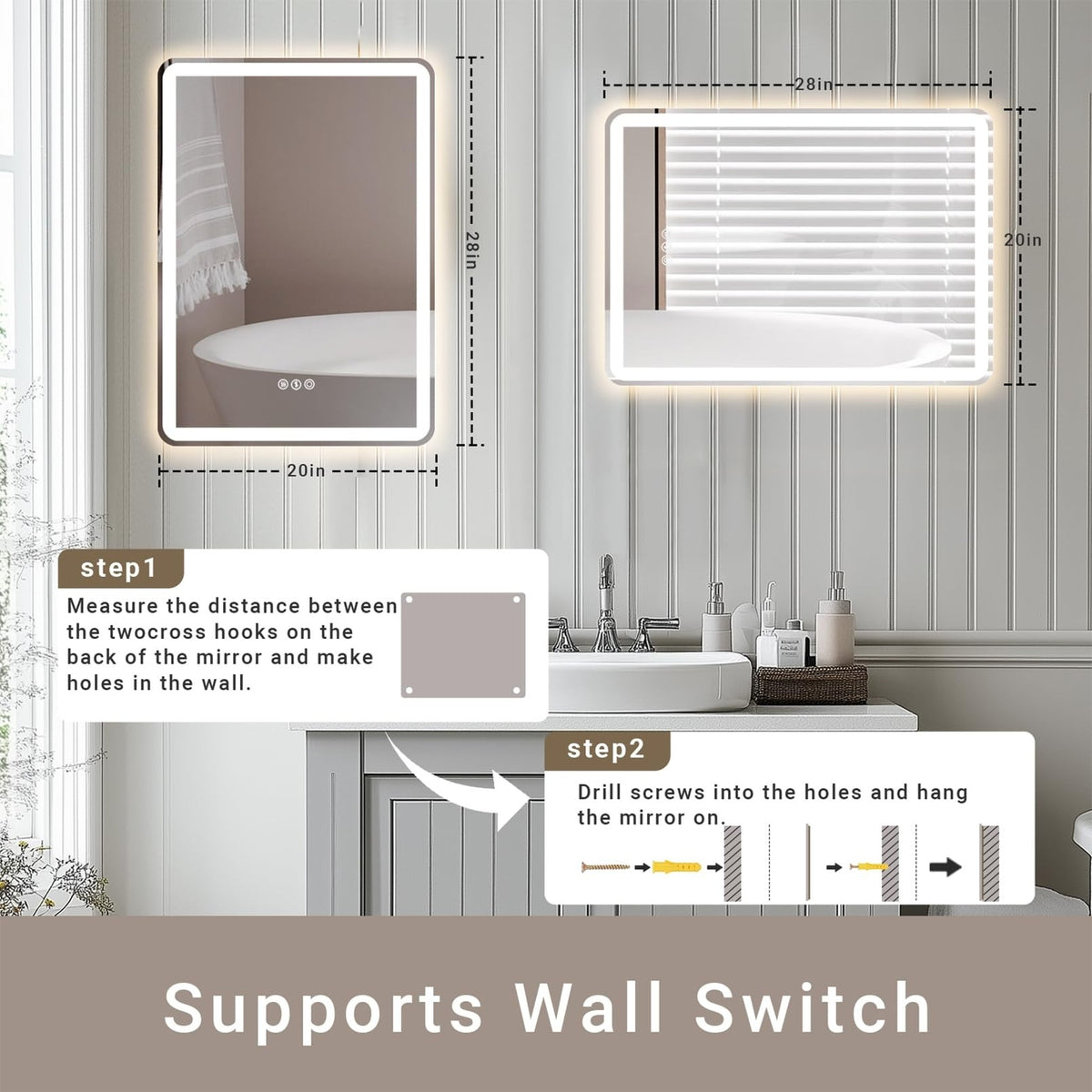 LED Bathroom Mirror 28 x 20 with Stepless Dimmable Backlight, Anti-Fog, 3 Color Modes
