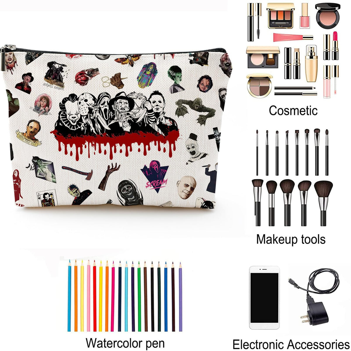 Horror Movie Makeup Bag - Waterproof Cosmetic Pouch for Fans & Collectors