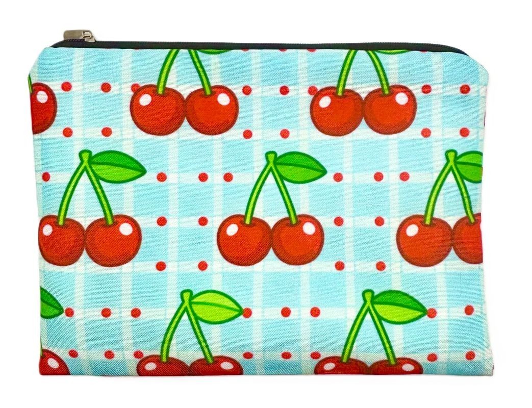 Blue Red Cherry Zippered Makeup Bag - Cosmetic & Toiletry Pouch