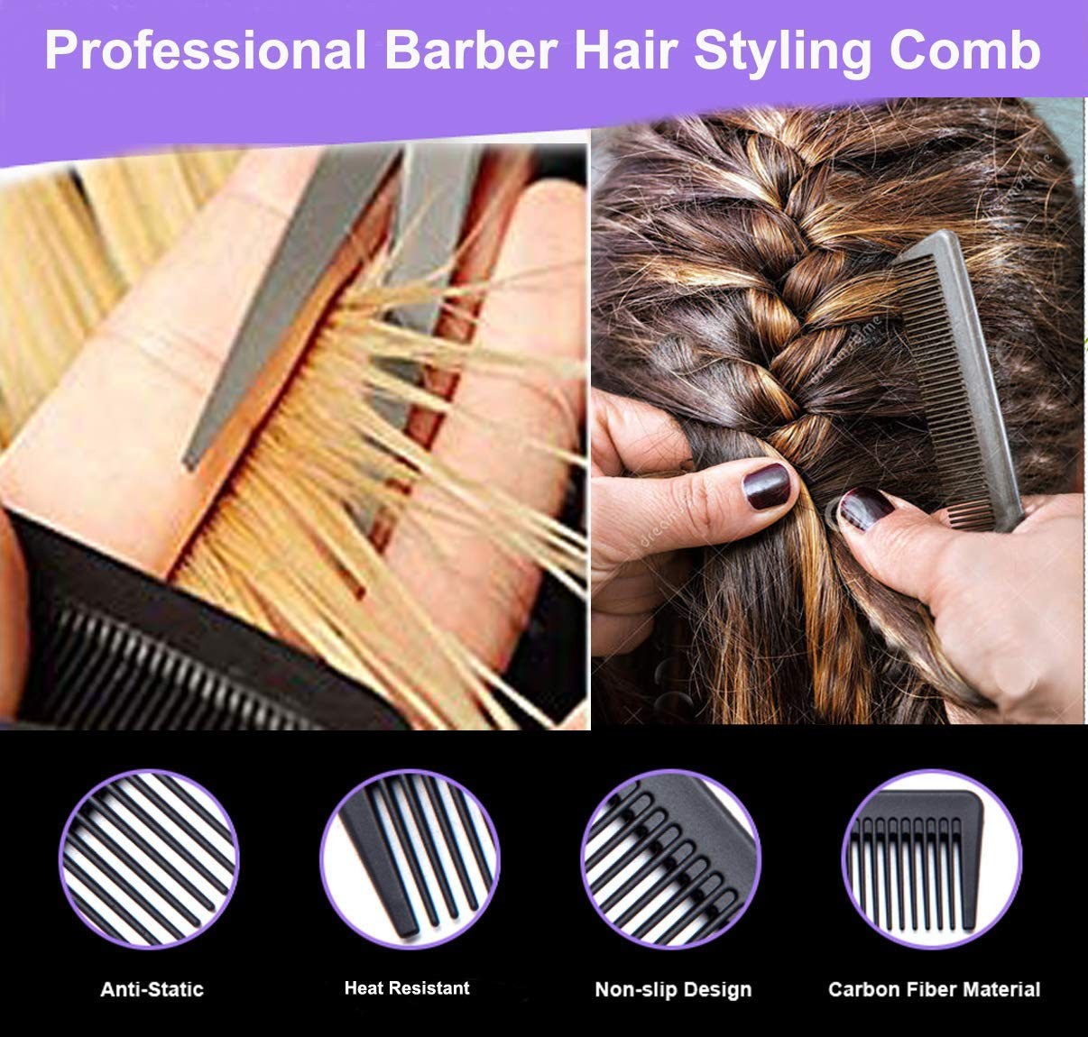 3 Pack Carbon Fiber Hair Cutting Combs - Professional Styling Tools Black
