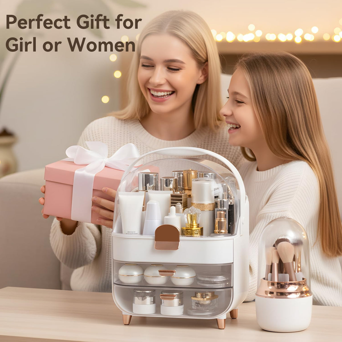 Rose Gold Makeup Organizer with Drawers & Brush Holder for Vanity