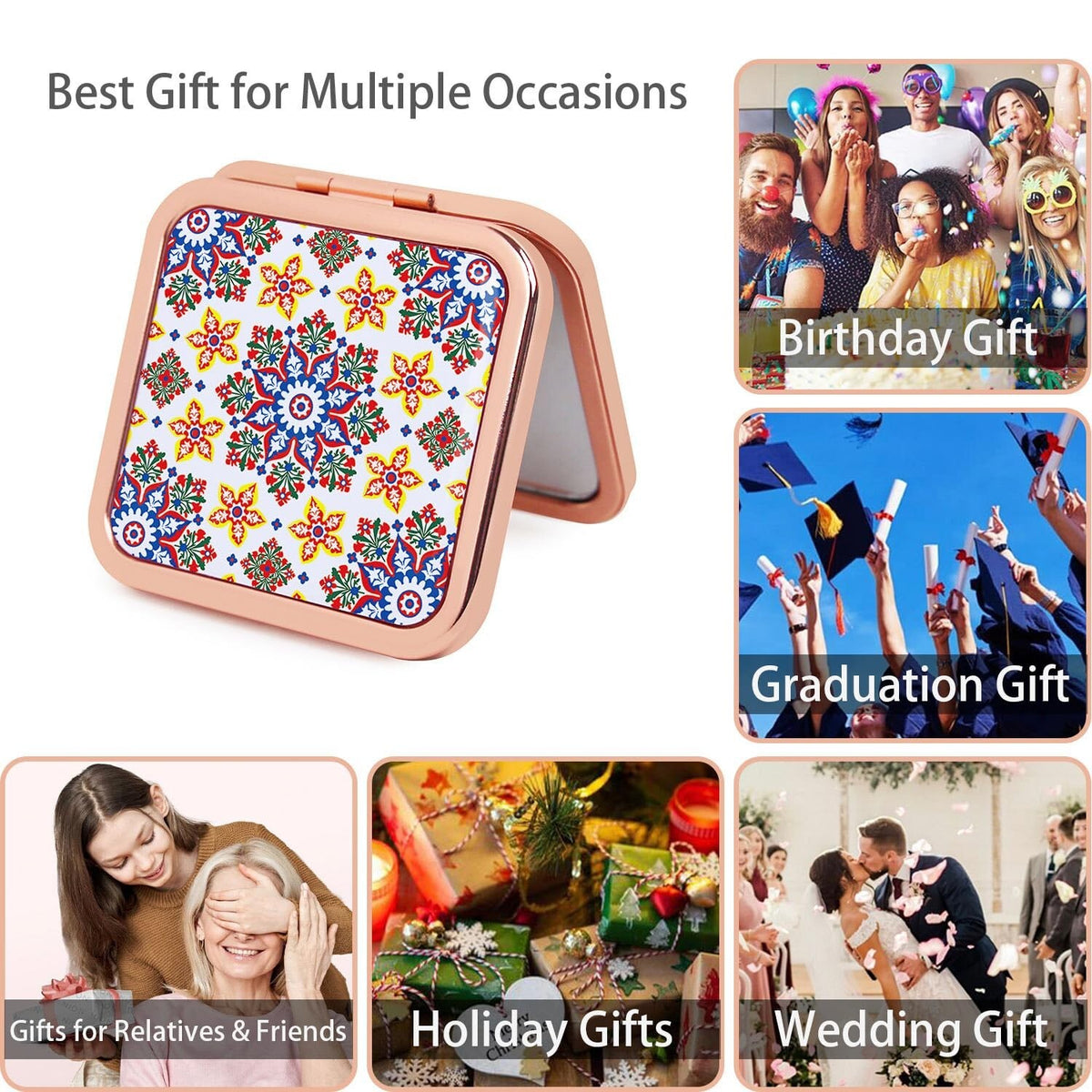 Rosegold Square Pocket Mirror for Women - 2.8x2.8 Inch Double-Sided Compact Makeup Mirror