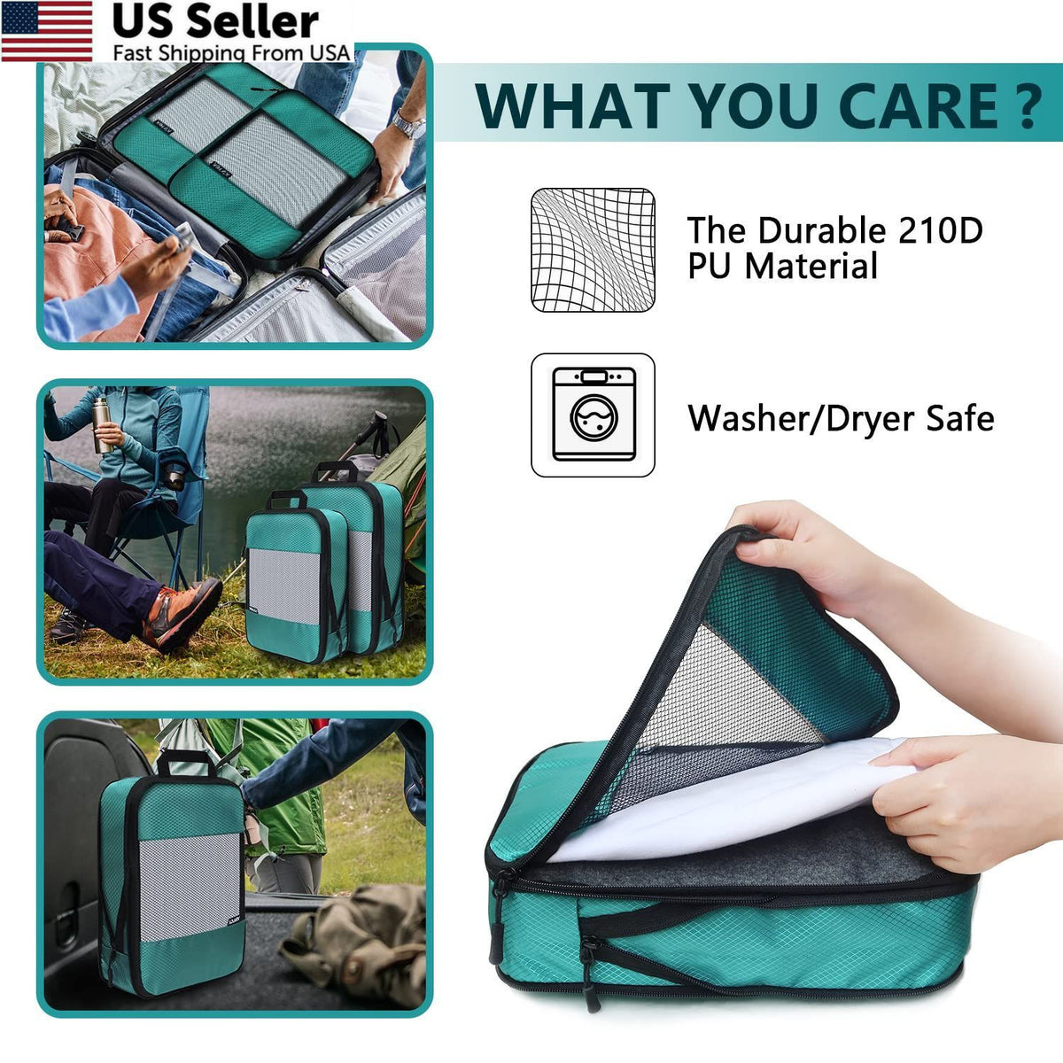 Travel Compression Packing Cubes Set of 5 - Space Saving Luggage Organizers, Green