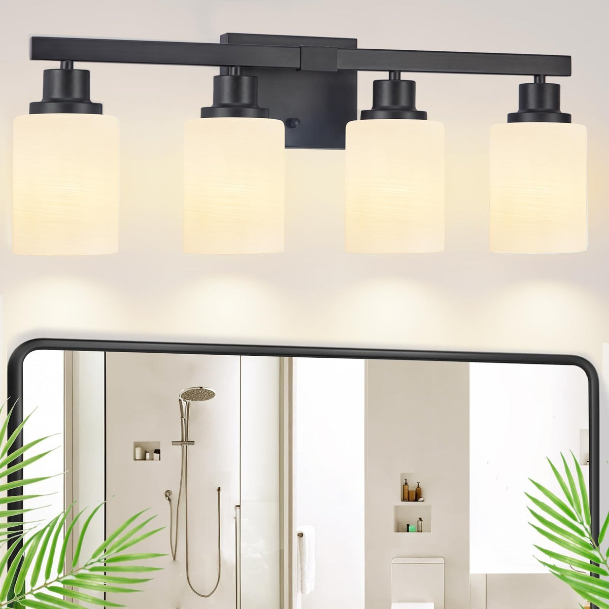 4-Light Matte Black Bathroom Vanity Light with White Glass Shades