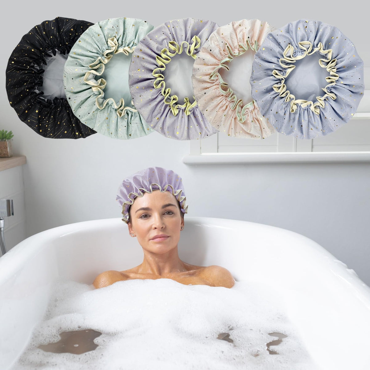 1 Pack Shower Caps, Elastic and Reusable Bonnet, Double Waterproof