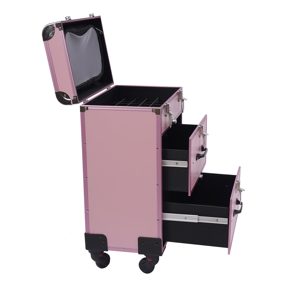 Professional Rolling Makeup Train Case with Multi-Layer Storage and Durable Aluminum Frame