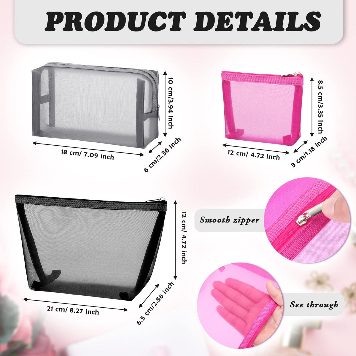 3-Pack Mesh Cosmetic Bags Travel Organizer Pouches with Zipper