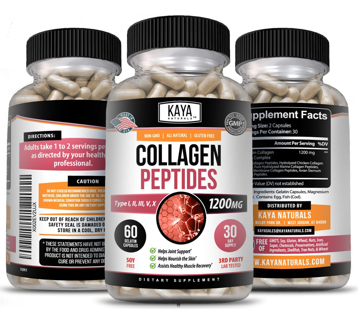 Collagen Peptides Capsules with Hyaluronic Acid - Types I, II, III, V, X 1200mg - 60 Capsules