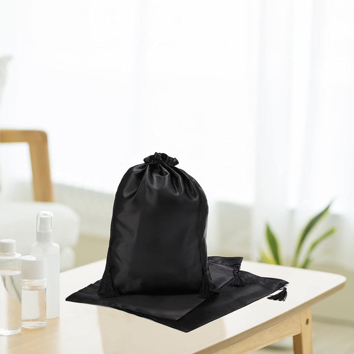 16 Pcs Satin Wig Bags Travel Storage Bags with Drawstring - Black