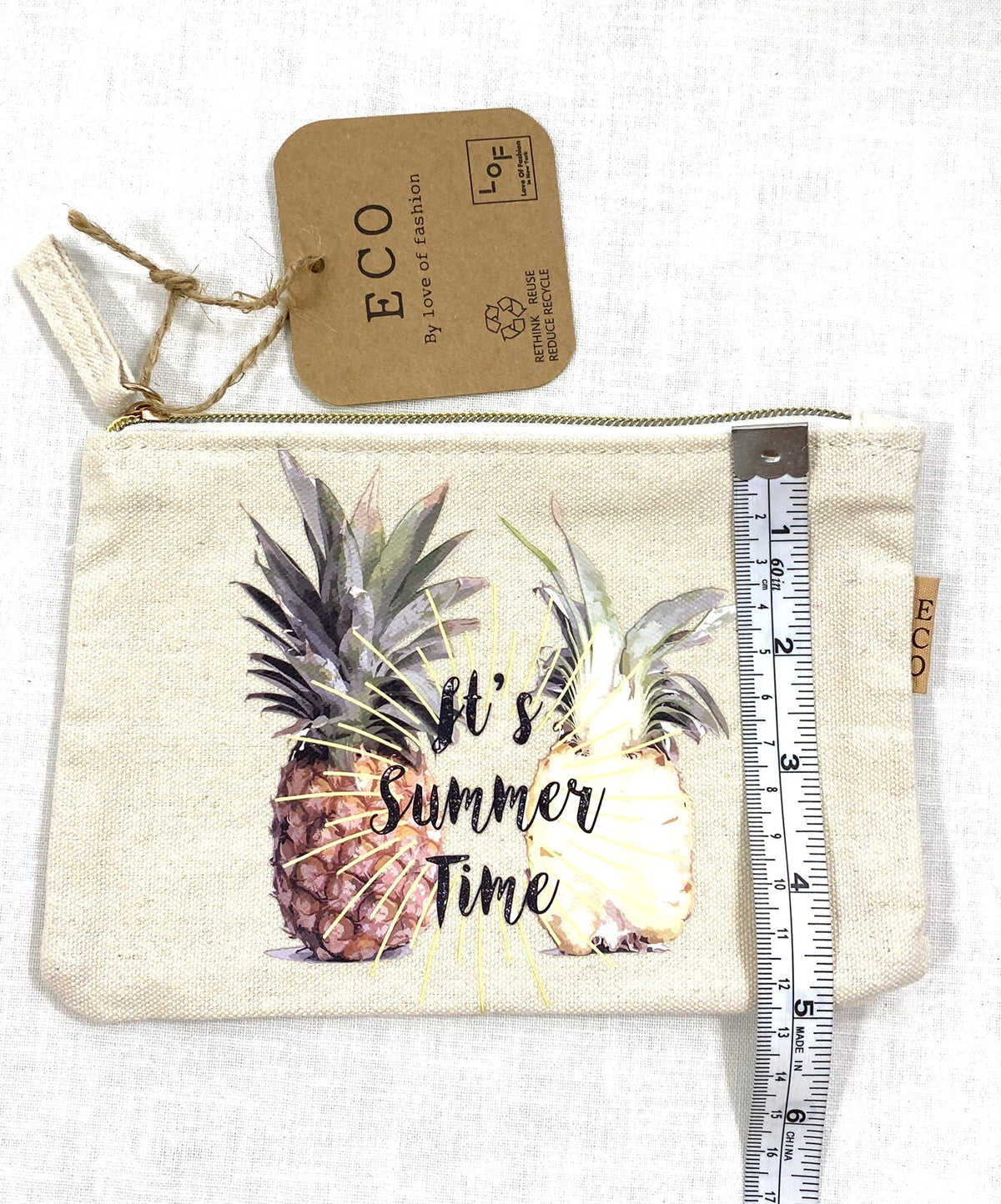 Summer Time Cosmetic Bag - Travel Makeup Pouch with Zip Closure, White