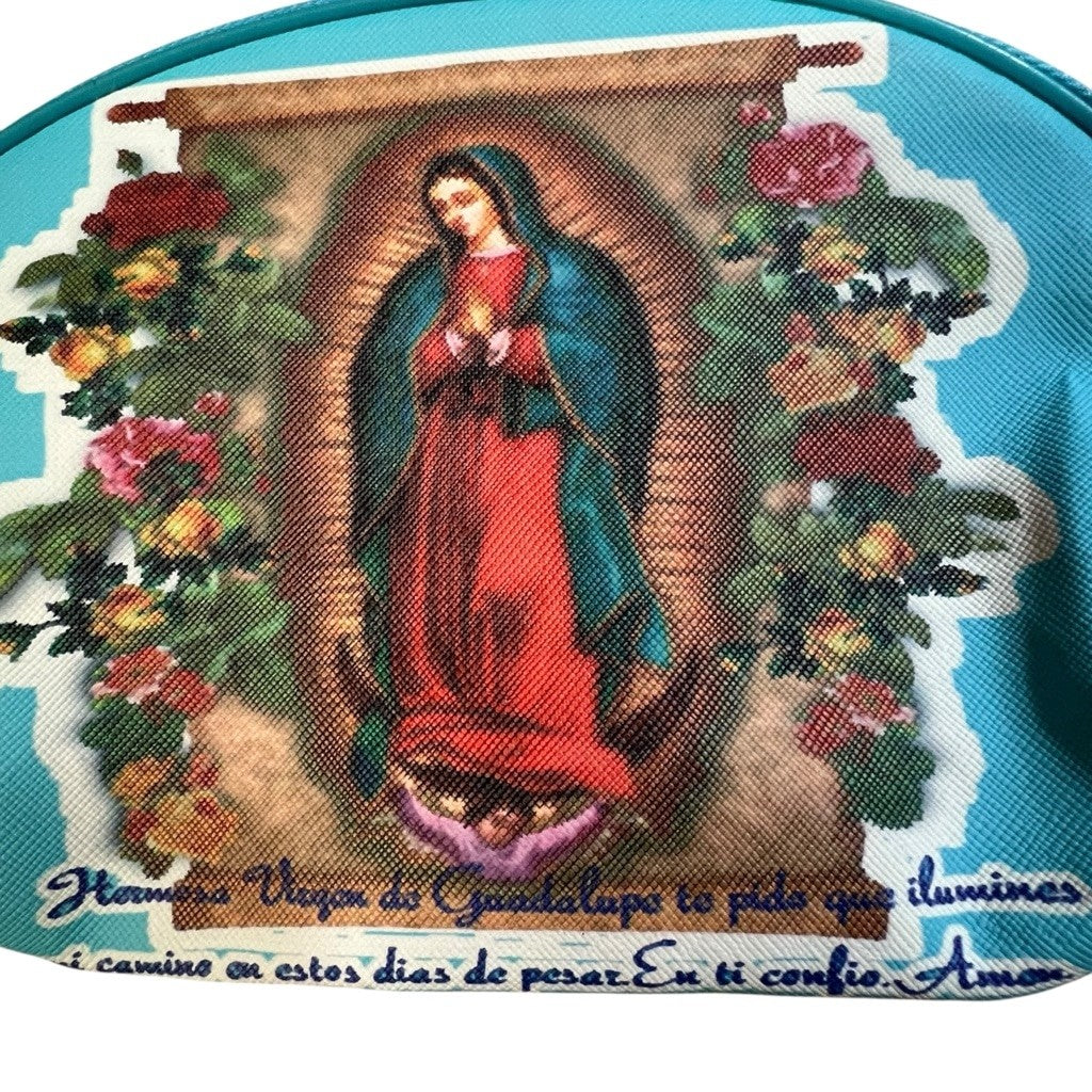 Turquoise Virgen de Guadalupe Makeup Bag with Zipper Travel Case 8x6 Inches