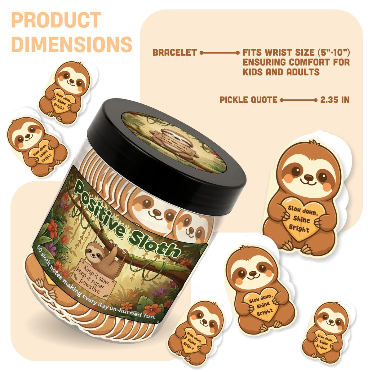 Positive Sloth Affirmation Jar with 60 Stress Relief Cards - Emotional Support Gift