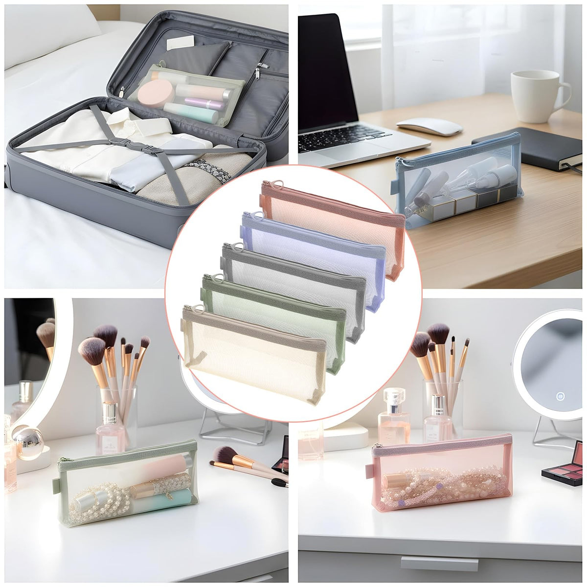 Multi-Color Mesh Travel Makeup Organizer Bags - 5 Pack