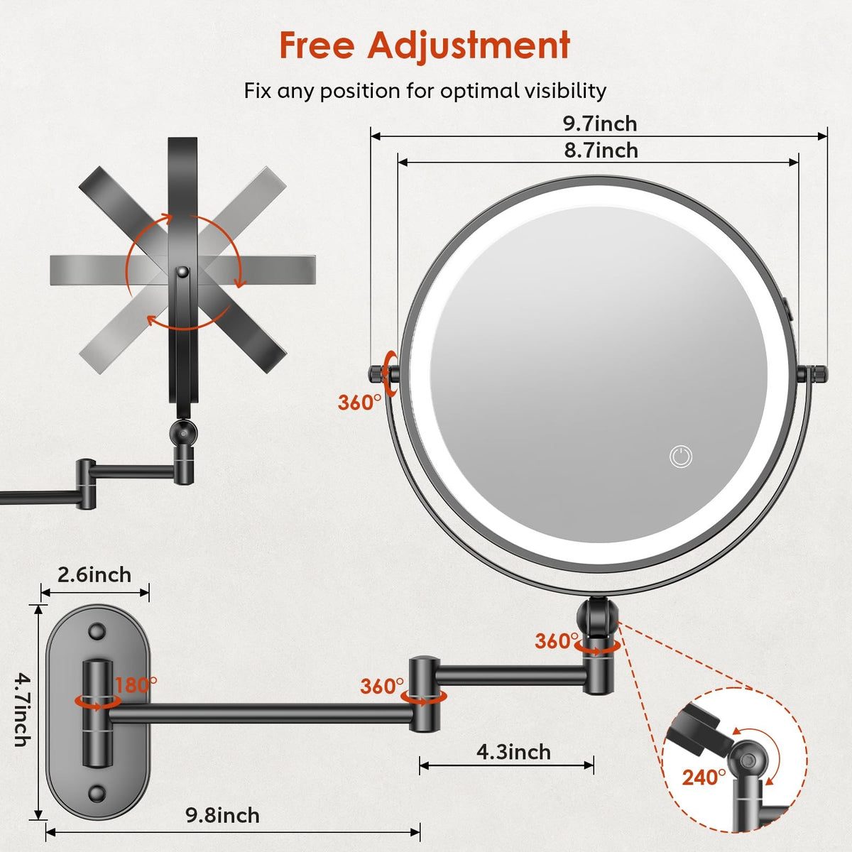 9-Inch Wall Mounted Lighted Makeup Mirror with LED Brightness, Rechargeable Double-Sided 1X/30X Magnification