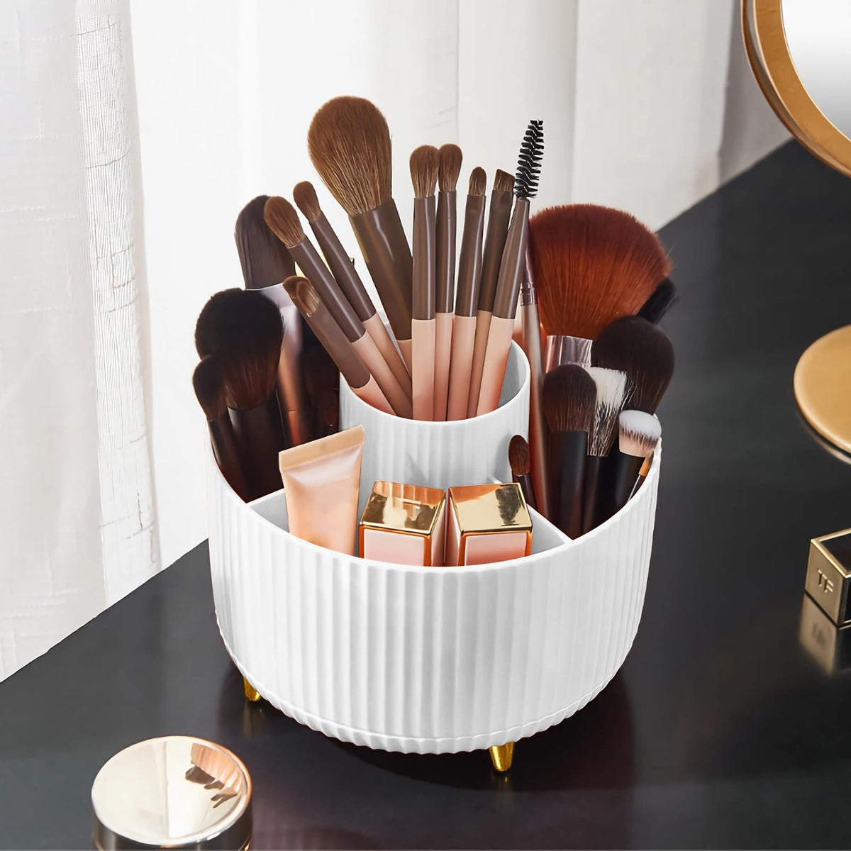Rotating Makeup Brush Organizer Holder with 5 Compartments, White