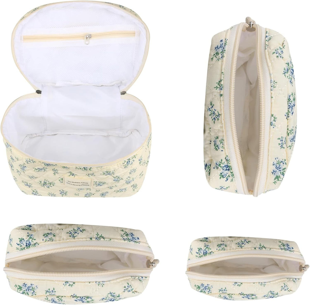 Large Cotton Quilted Makeup Bag - Travel Cosmetic Organizer with Floral Design
