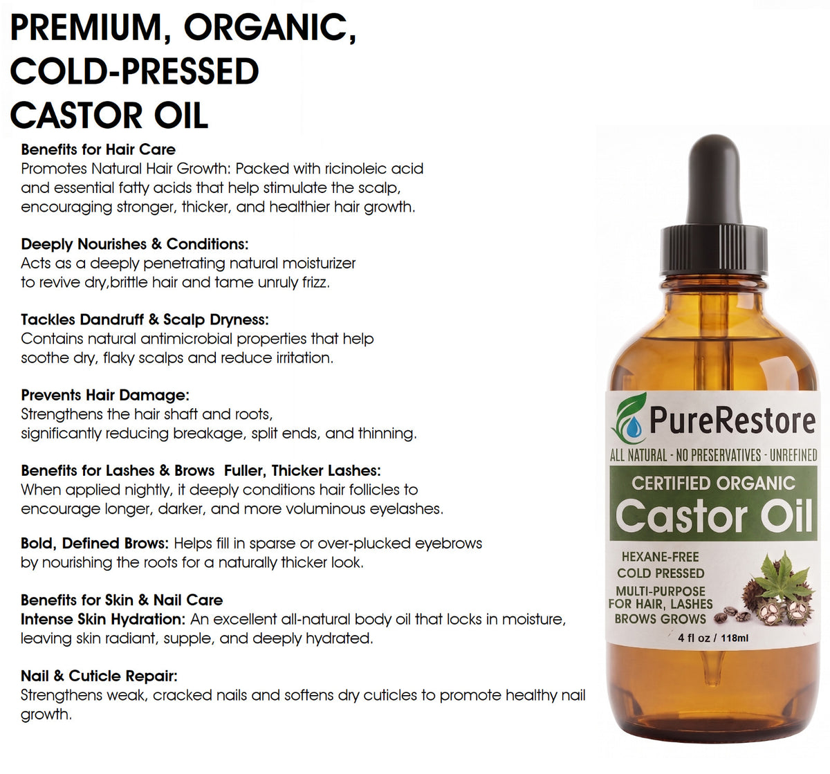 Organic Castor Oil - Pure Cold-Pressed Unrefined Hair & Skin Oil