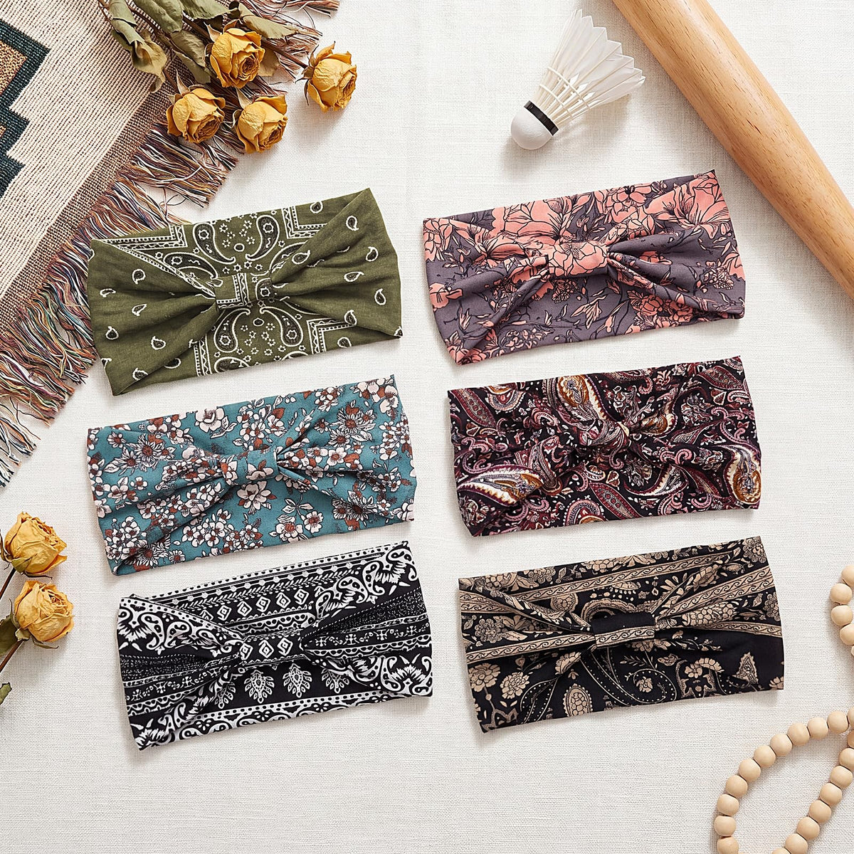 6Pack Boho Wide Headbands for Women, 9.2 inches x 4.7", Bohemian Print