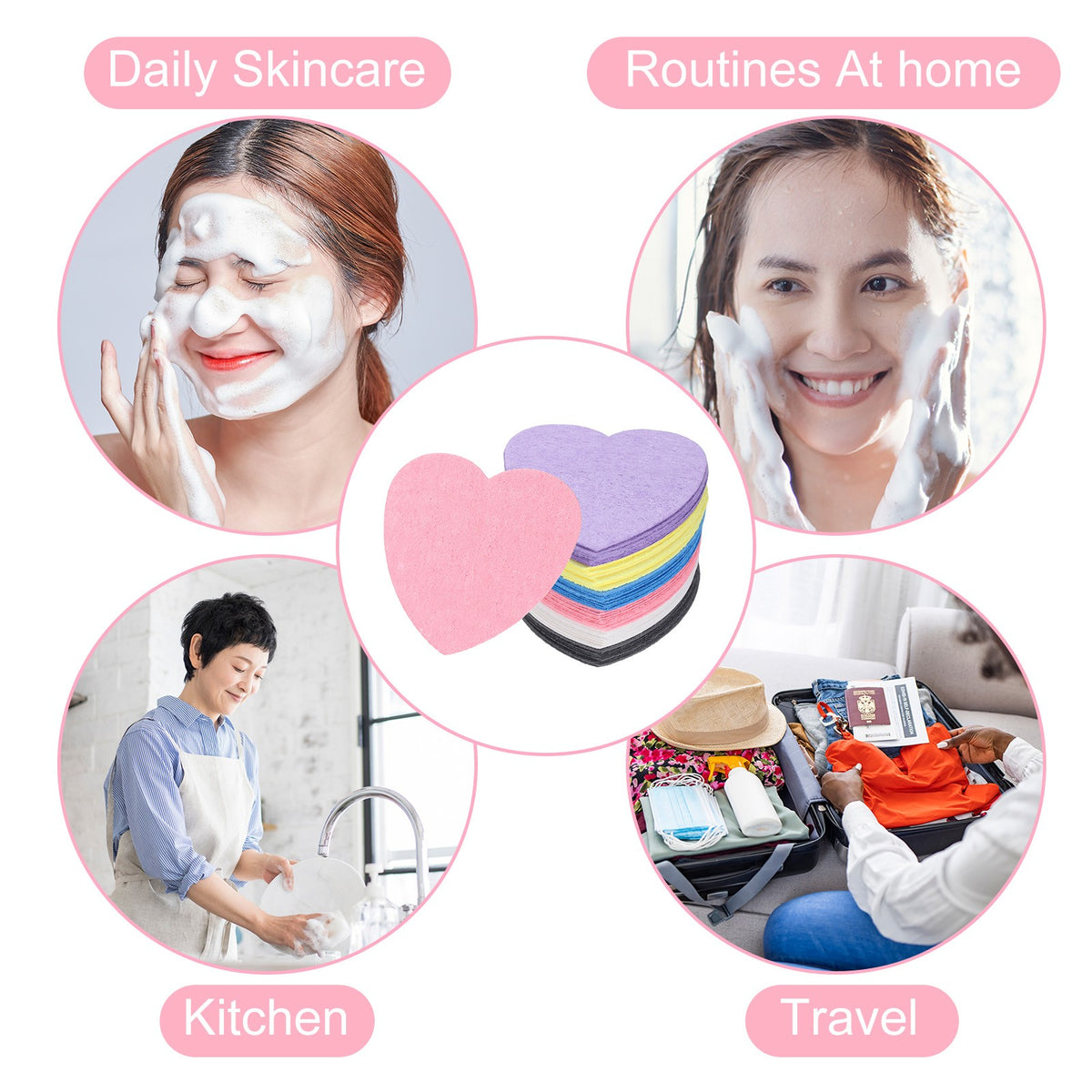 60 Black Heart-Shaped Compressed Facial Sponges for Skincare
