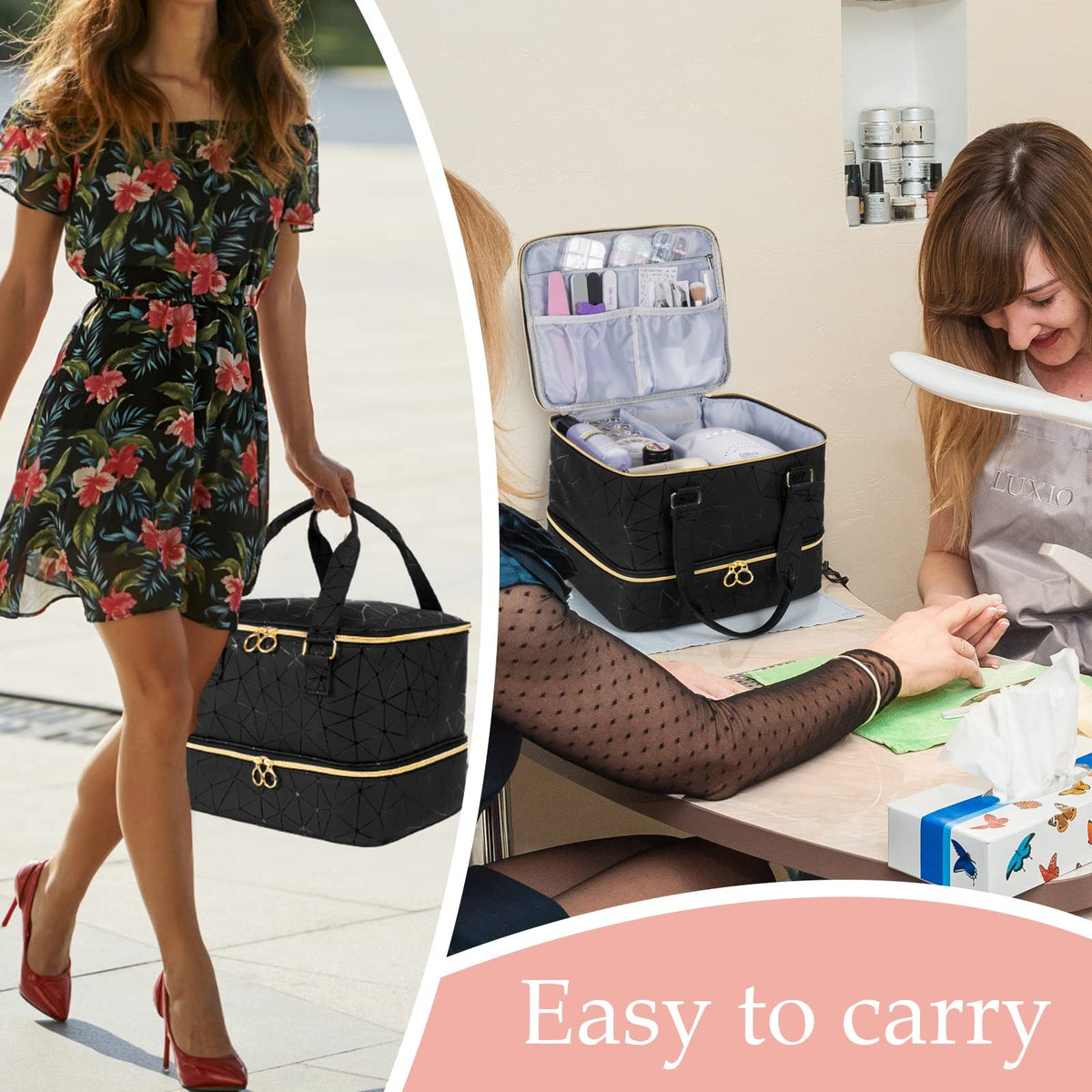 Large Capacity Nail Polish Organizer Bag Holds 42 Bottles with Lamp & Accessories