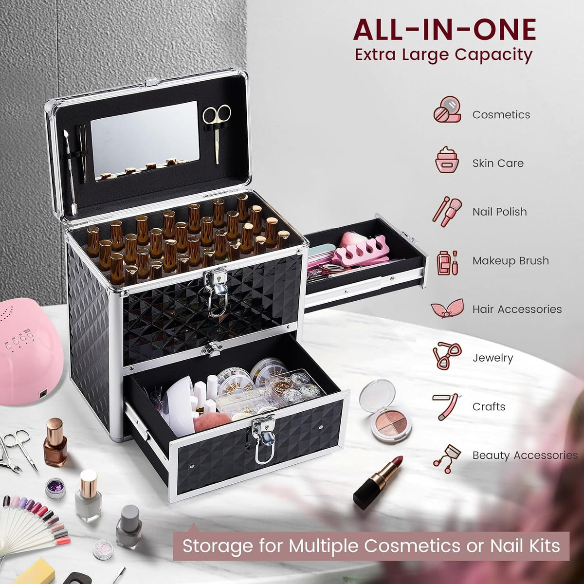 Nail Polish Makeup Train Case with Drawer & Dividers - Manicure Organizer