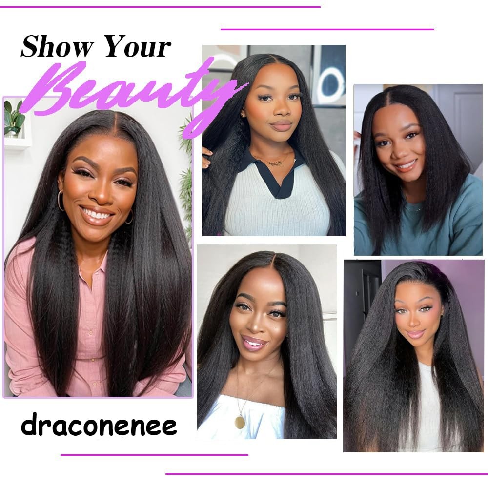 Human Hair Wigs 24 Inch V Part Kinky Straight Wig for Black Women - Natural Black, No Shedding