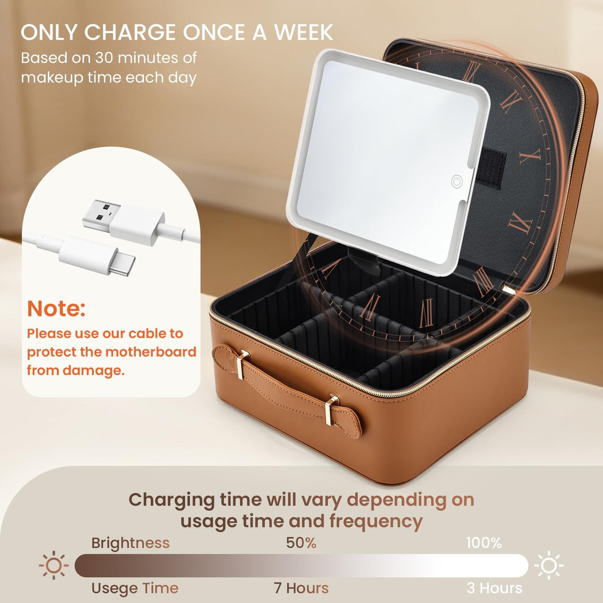 Travel Makeup Organizer Bag with LED Lighted Mirror - Waterproof Leather, 9.64 Inch