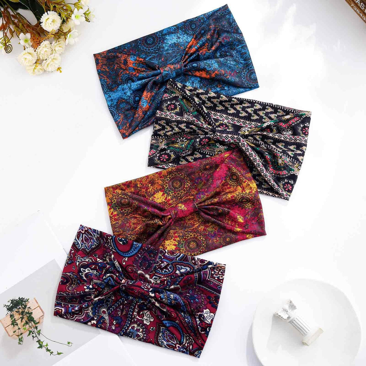 Wide Boho Headbands Floral Stretch Head Wraps 1 Count (Pack of 4),
