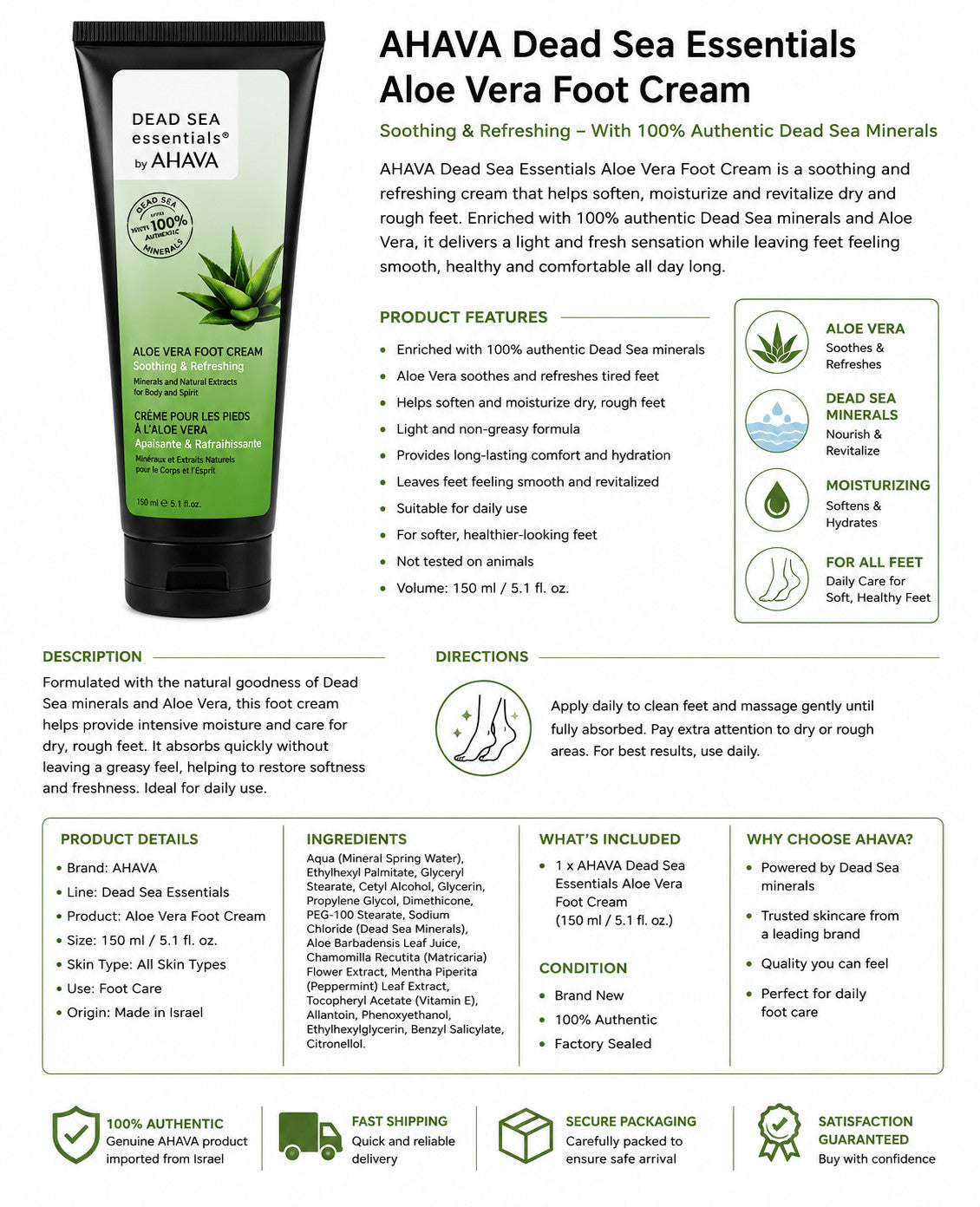 AHAVA Dead Sea Essentials Aloe Vera Foot Cream 150ml Soothing