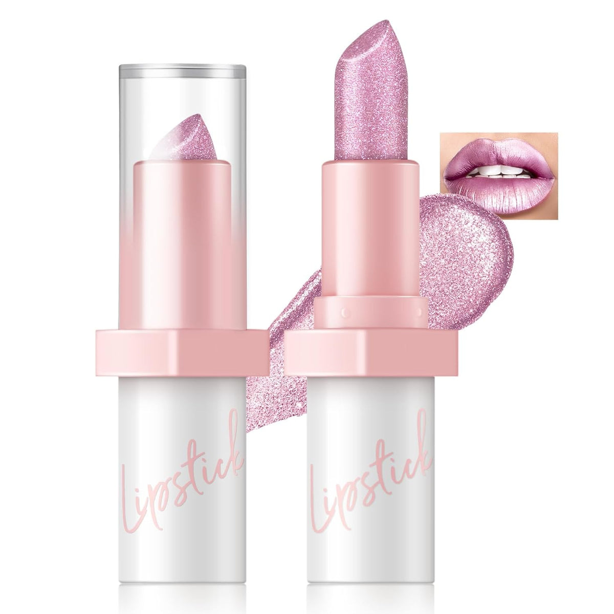 Metallic Pink Glitter Lipstick for Women Long Lasting High Shine Lip Makeup