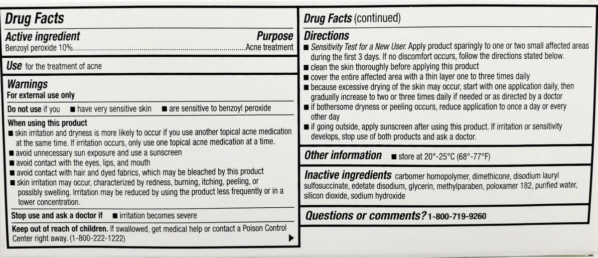 Benzoyl Peroxide 10% Acne Gel - 2.1 oz for Acne Treatment, Exp 11-2027