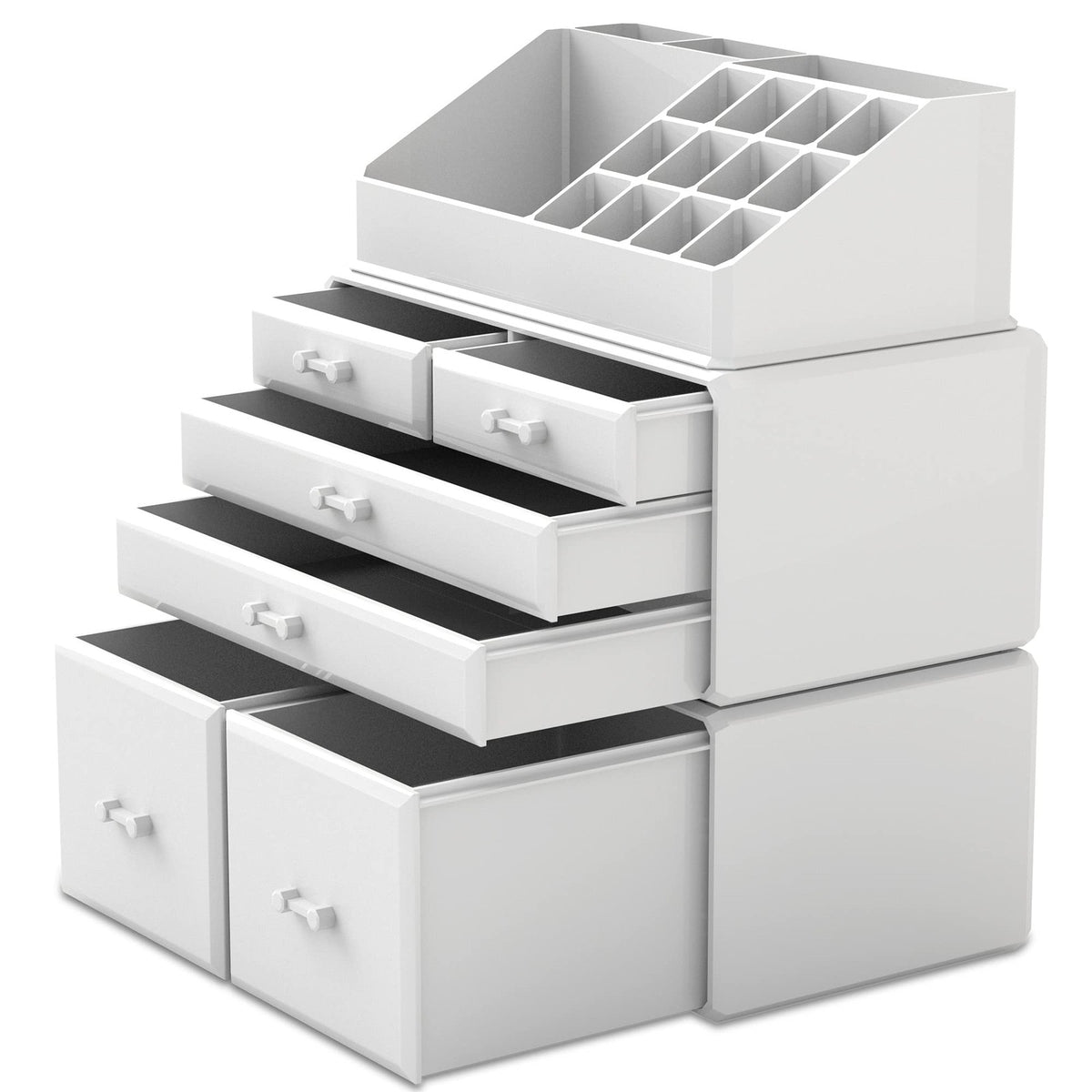 White Makeup Organizer with 6 Drawers and Compartments - 3-Piece Storage Case