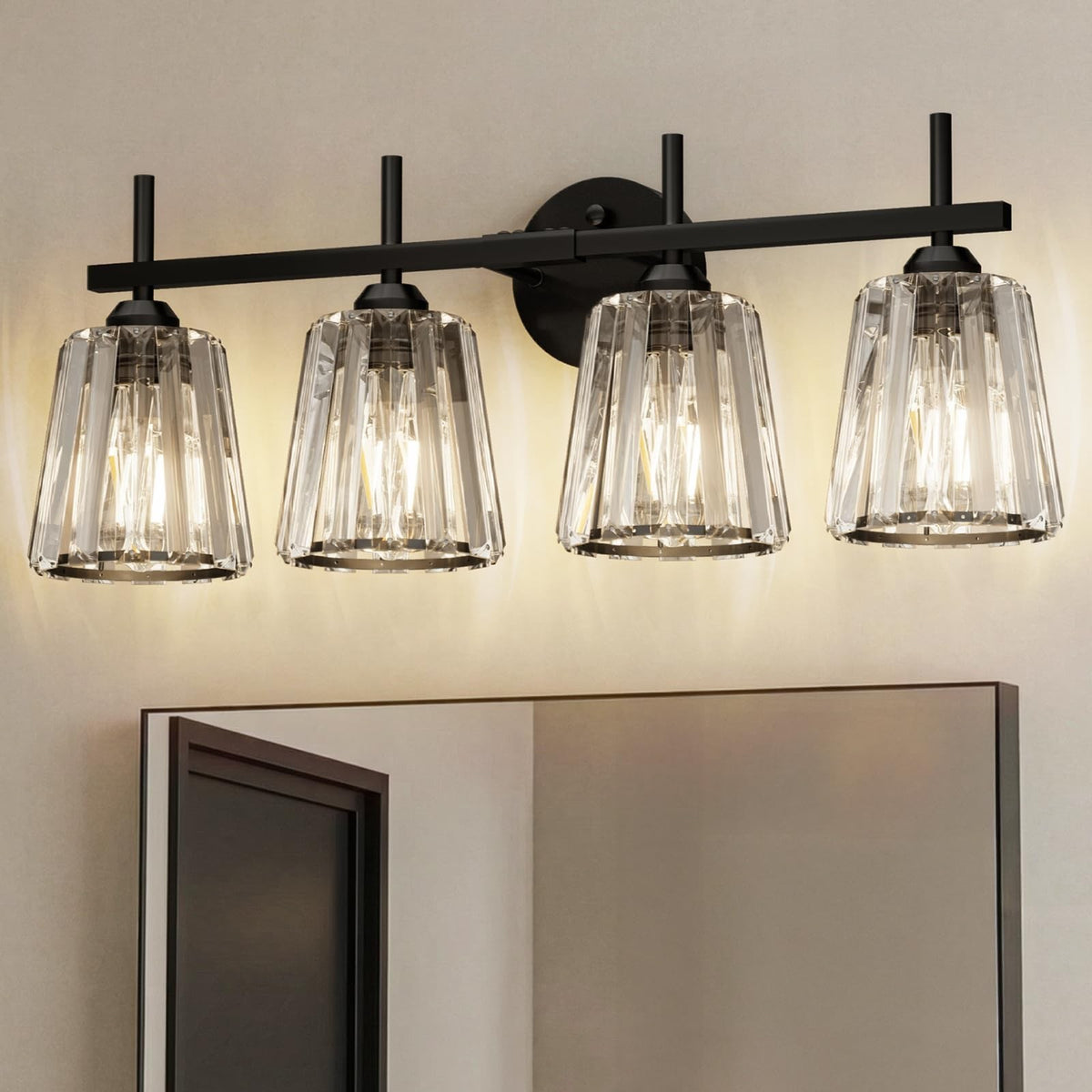 Black Crystal Bathroom Vanity Light Fixture - 4-Light Wall Sconce for Mirror