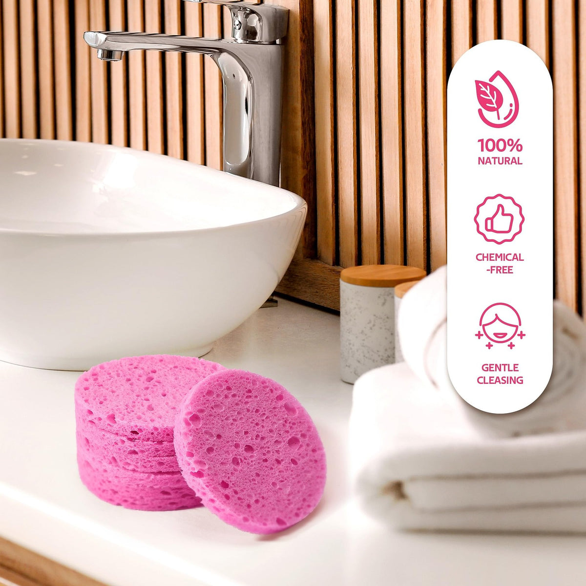 Compressed Facial Sponges - Natural Cellulose, Pink, Pack of 50