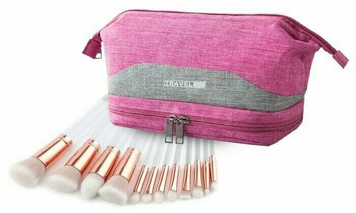 12 Pc Makeup Brush Set with Waterproof Toiletry Bag - Rose Gold & Transparent