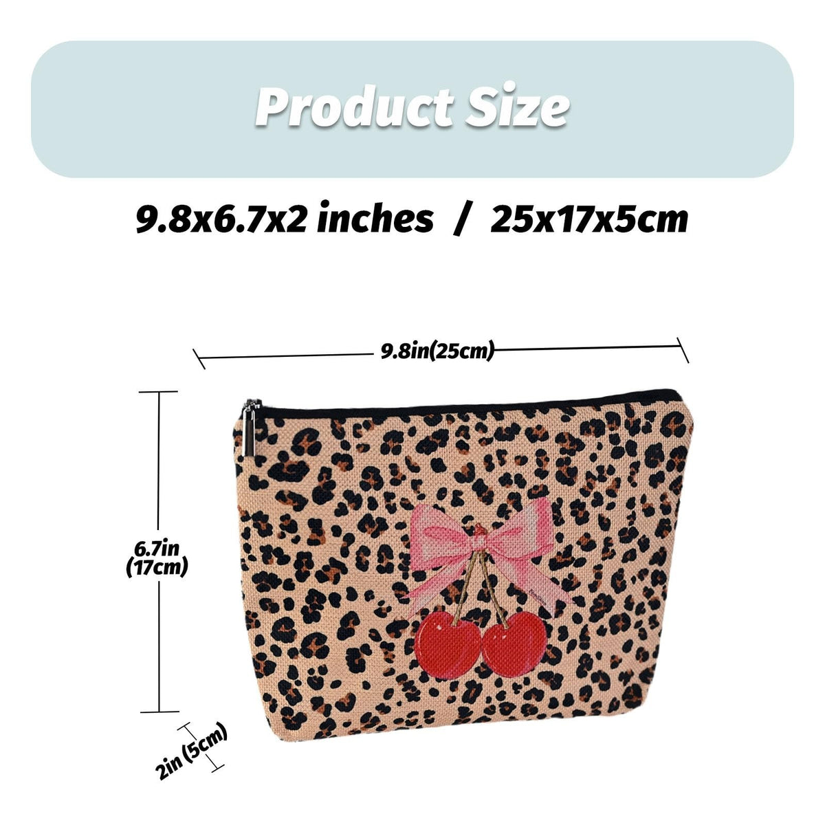 Leopard Print Cherry Makeup Bag for Women, Large Capacity Cosmetic Pouch