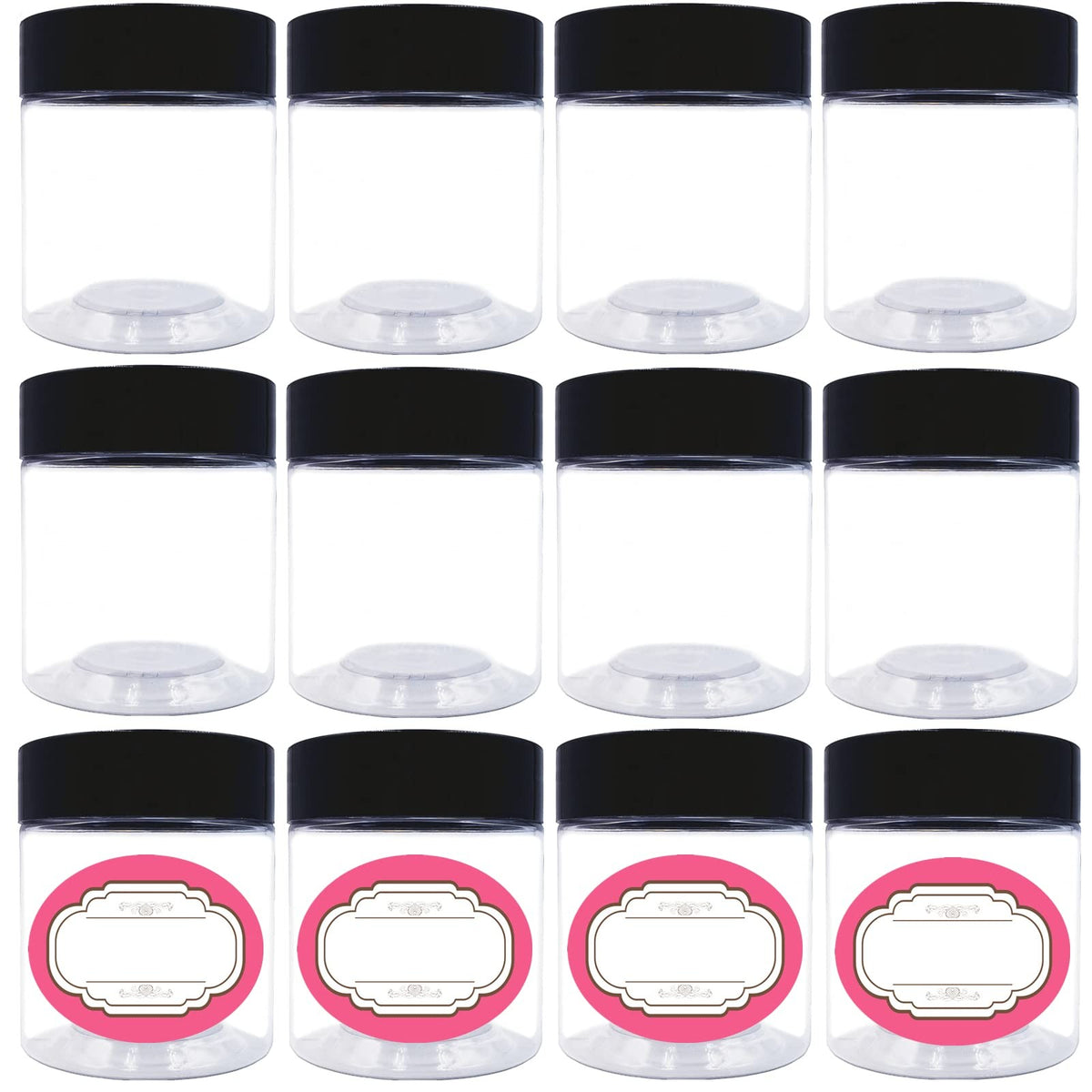 12-Pack 4 oz Plastic Jars with Wide Mouth & Black Lids - Food & Cosmetic Storage Containers