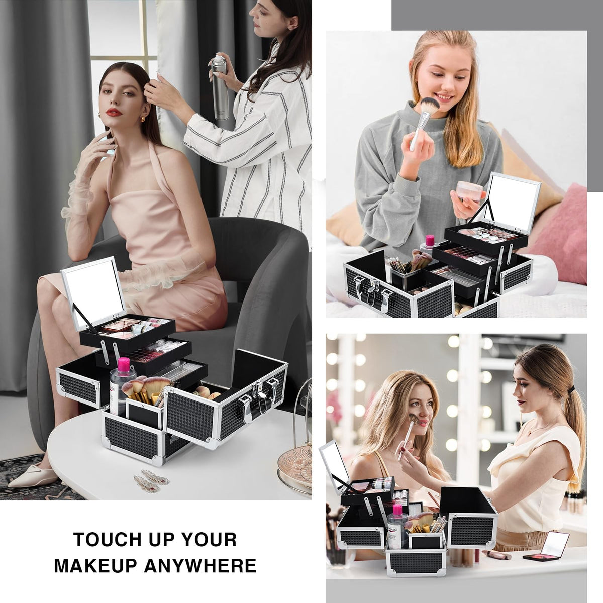 11.6 Inch Makeup Train Case with 3 Trays & Mirror – Black Cosmetic Organizer