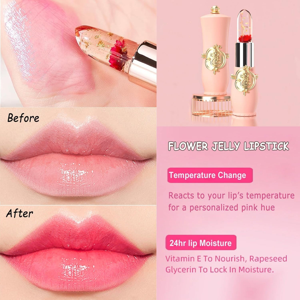 Color Changing Lipstick Set - 6 Crystal Flower Jelly Lip Balms with Moisturizing Ingredients